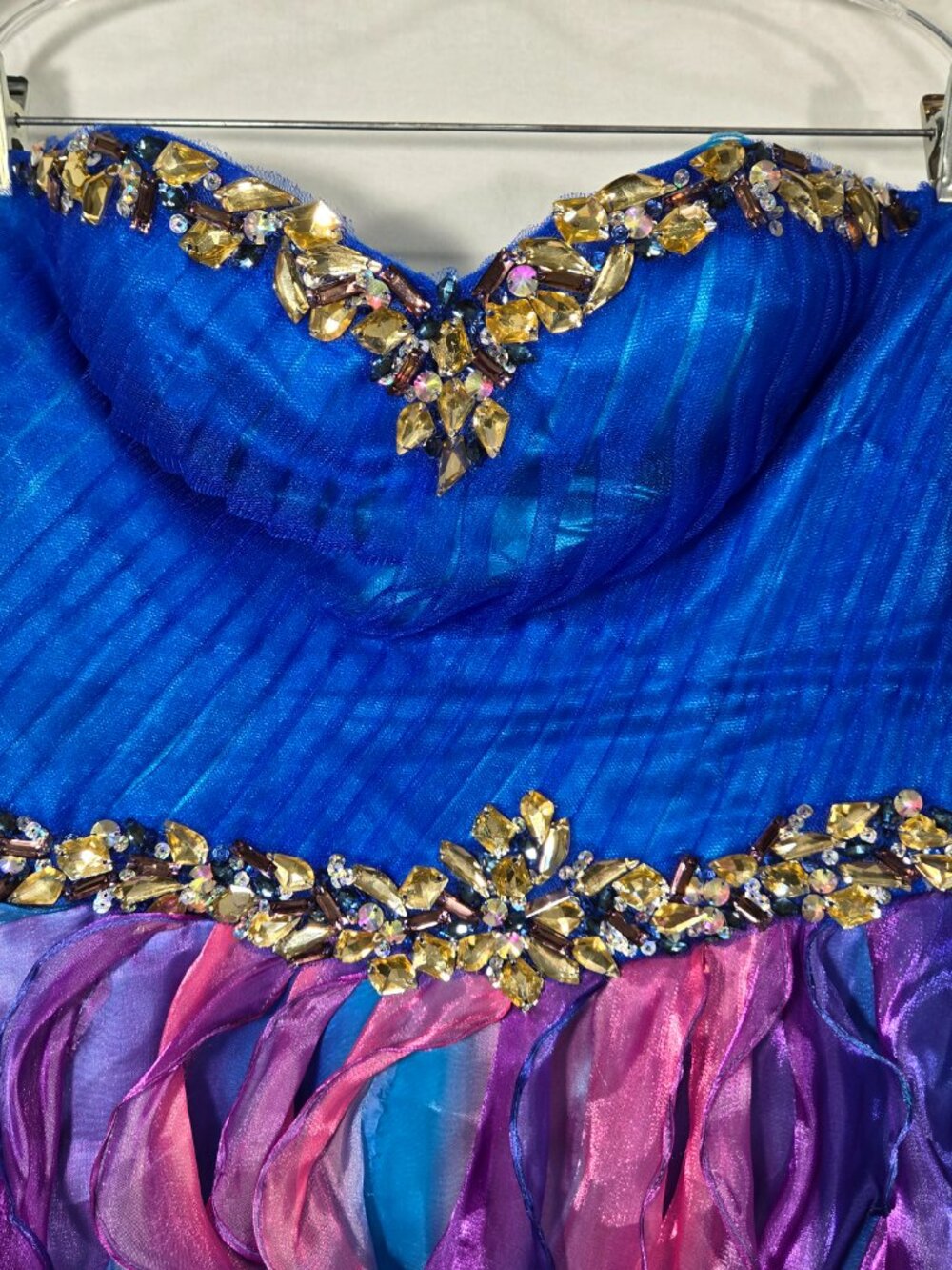 Y2K Vintage PRECIOUS FORMALS Blue-Ombre Strapless Ruffles Mini DRESS Size 8-12. - Picture 4 of 17